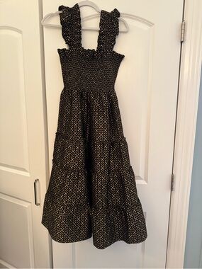 Hill House Black Dress with Gold Patterned Print